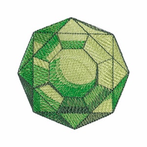 Könnte beinhalten: Ein grüner Edelstein mit facettiertem Design. Der Edelstein ist dunkelgrün mit einem helleren grünen Zentrum.