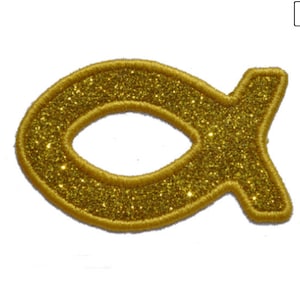 Könnte beinhalten: Goldfarbener Glitzer-Aufbügel-Patch in Fischform. Der Patch ist etwa 5 cm lang und 2,5 cm breit.