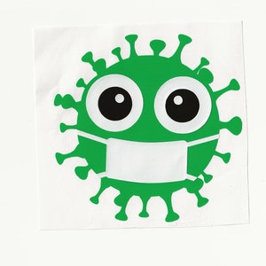 Op de afbeelding: Groen cartoonvirus met grote ogen dat een wit mondkapje draagt.