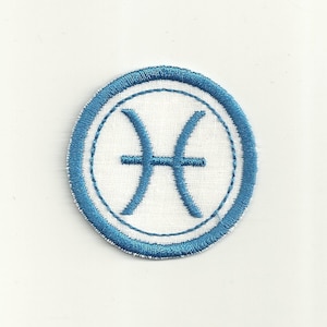 May include: A blue embroidered patch with a white background featuring the astrological symbol for Pisces.