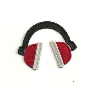 May include: Black and red embroidered headphones with a white trim.