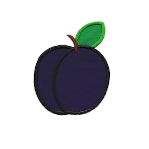 May include: Embroidered patch featuring a stylized plum. The patch has a dark purple fruit with a black outline, a brown stem, and a green leaf. The design is on a white background.
