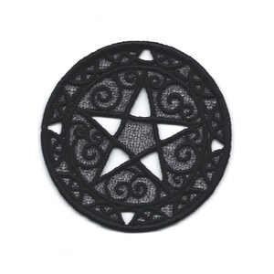 May include: Black lace oval patch with a pentagram design. The pentagram is surrounded by a decorative border.