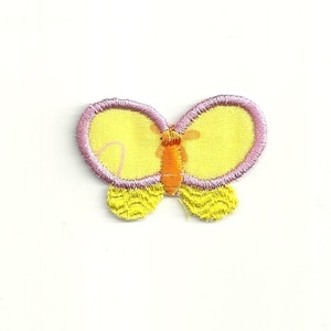 May include: A yellow butterfly with pink outlines and orange accents. The butterfly is embroidered on a white fabric.