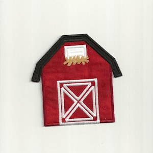 May include: Red fabric barn applique with a white window and a white X-shaped door. The barn has a black roof.