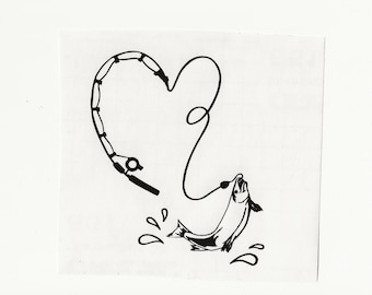 Fishing Rod Heart with Fish, Vinyl Decal! Multiple sizes and colors custom made!