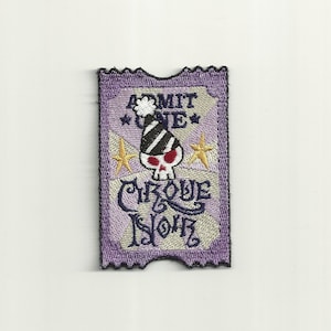 May include: Purple embroidered patch with a skull wearing a party hat and the text "ADMIT ONE" and "CIRQUE NOIR".