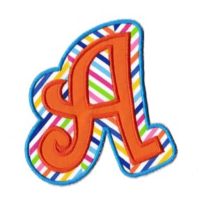May include: Orange felt letter A with a colorful striped background. The letter is outlined in blue.