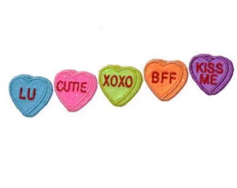 Conversation Hearts Valentines Day Candy 1 or 2 inch Iron On Brilliant NO MESS glitter PN39