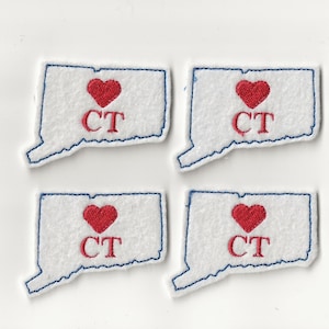 May include: Four white felt patches shaped like the state of Connecticut with a red heart and the letters "CT" embroidered in red.