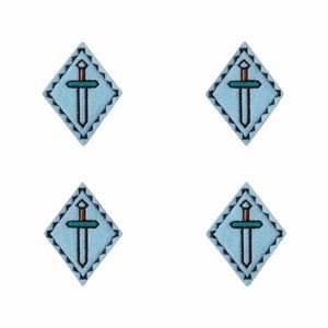 May include: Four blue diamond-shaped patches with a white background and a black outline. Each patch features a stylized embroidered sword with a brown handle, a teal blade, and a black outline.