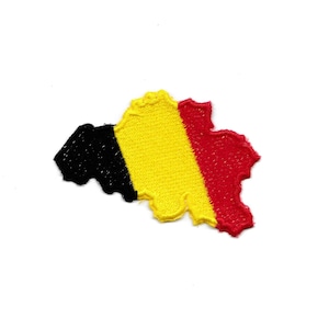 May include: An embroidered patch shaped like the outline of Belgium with the Belgian flag colours: black, yellow, and red.
