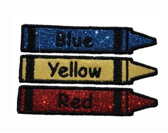 Crayon Red, Blue, Yellow, Green, Pink, Purple, Orange, 1 x 4 inch glitter iron on patch vinyl no mess PN99