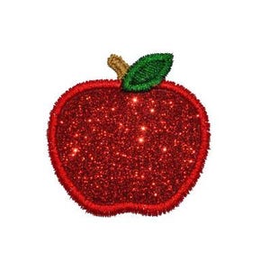 May include: A red glitter apple-shaped patch with a green leaf and a brown stem. The apple has a red outline and a textured, sparkling surface. This embroidered patch is perfect for adding a touch of sparkle to clothing or accessories.