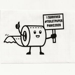 Pode incluir: Uma ilustração de desenho animado em preto e branco de um rolo de papel higiênico com uma cara sorridente segurando um cartaz que diz "Sobrevivi ao #papelhigiênico pânico2020".