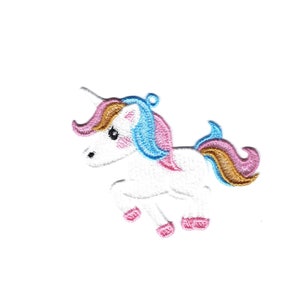 May include: A white unicorn with a blue and pink mane and tail. The unicorn has a gold horn and pink hooves.