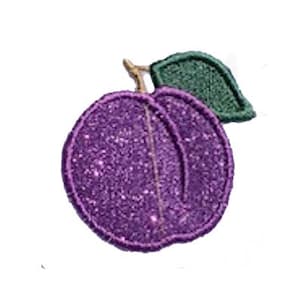 May include: An iron-on patch of a plum with a green leaf, featuring a glittery purple finish.