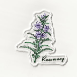 May include: White embroidered patch with a green rosemary sprig with purple flowers and the word "Rosemary" in green embroidery.