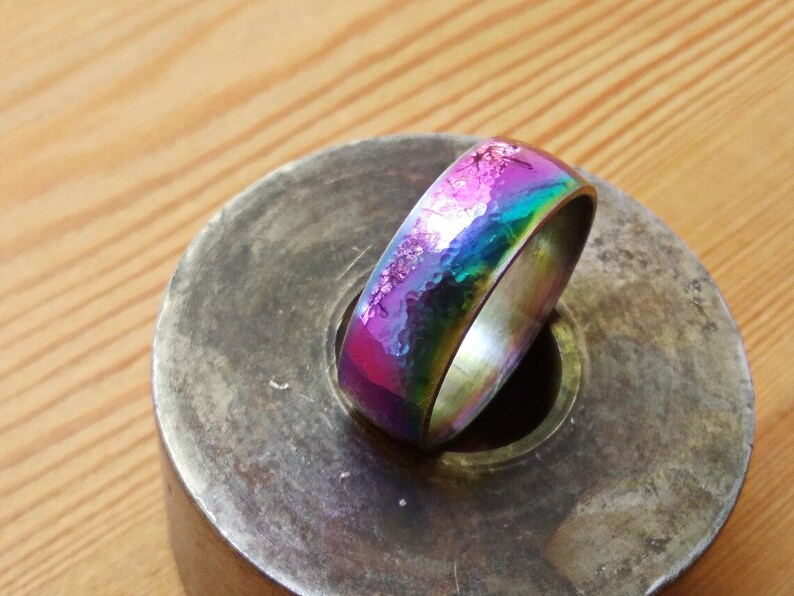 Titanium Mens Ring Forged Hammered Mens Wedding Band Rainbow image 0
