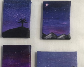 Set of four mini paintings, mountain paintings, acrylic original paintings