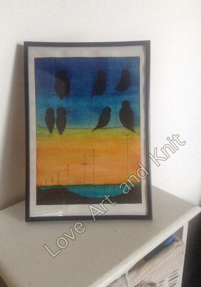 watercolour bird on a wire painting art home decor Art watercolor painting birthday gift wall art,bird