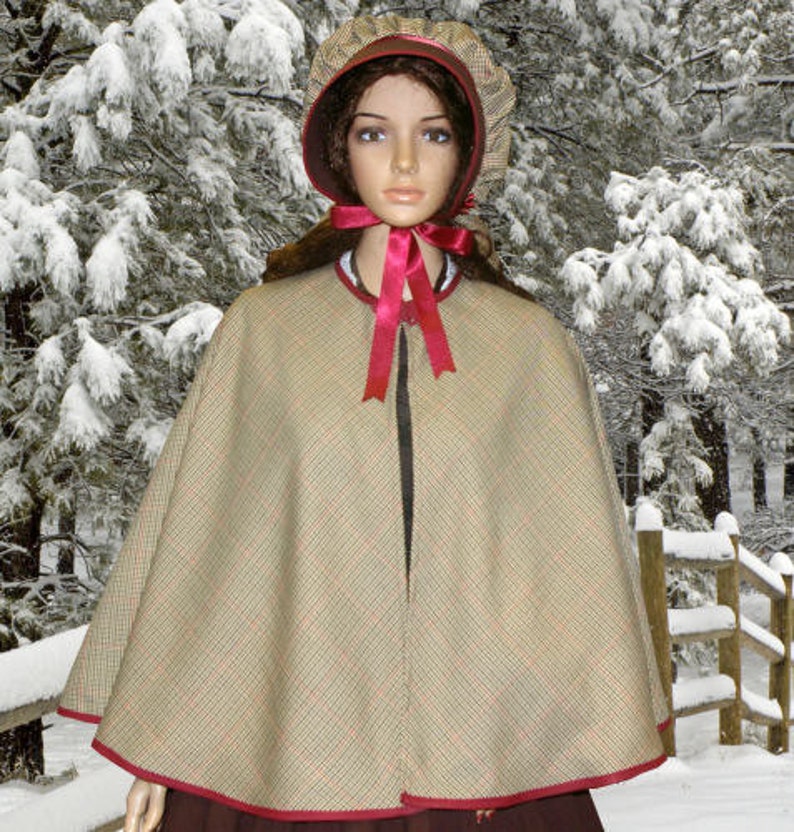 Victorian Capelet, Cape, Cloak, Shawl, Muff Ladies Victorian Dickensian Carol Singer Costume Cape & Bonnet $47.24 AT vintagedancer.com