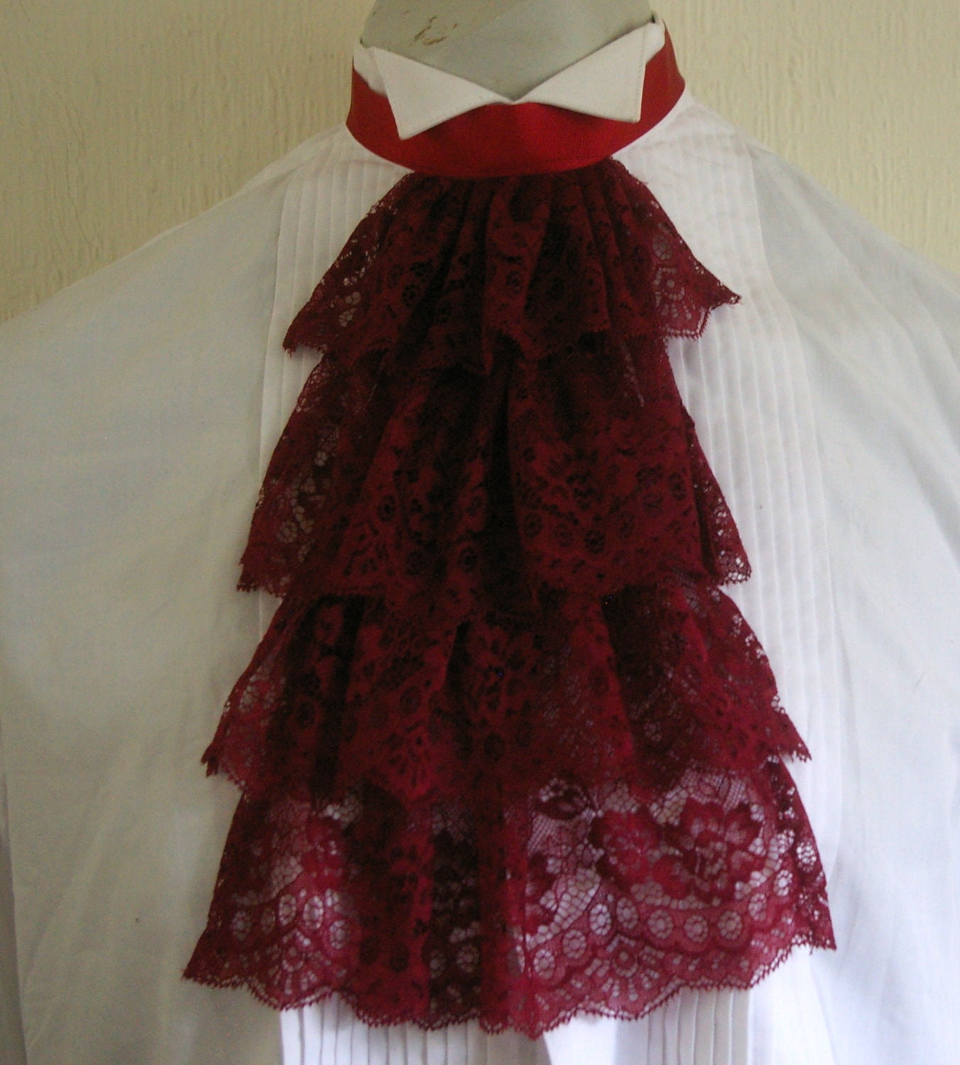 Image of Mens Large Burgundy Victorian, Georgian, Regency, Edwardian White Lace Jabot, Cravat