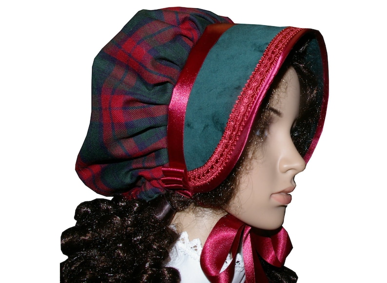 Victorian Hat History | Bonnets, Hats, Caps 1830-1890s     Ladies Victorian/Edwardian American Civil War costume green & tartan bonnet  AT vintagedancer.com