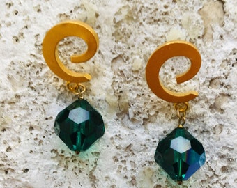 Large Faceted Vintage Green Swarovski Crystal and Gold Artisan Made Dangle Pierced Post Earrings