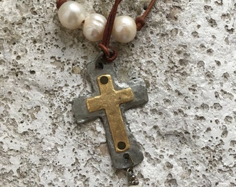 Layered Freshwater Pearl and Silver Hammered Cross Leather Necklace Pair