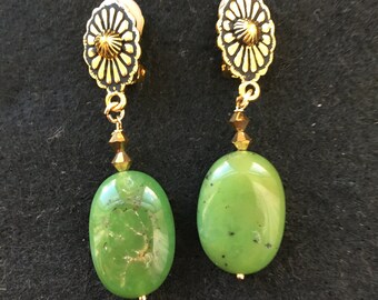 Large Oval Green Australian Jade Clip On Dangle Earrings