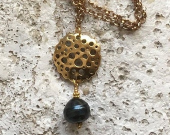 Large Black Freshwater Pearl and Artisan Made Gold Charm Necklace