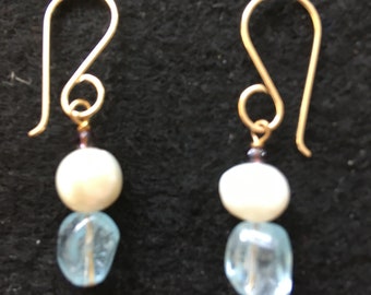 Petite Smooth Blue Aquamarines and White Freshwater Pearl Pierced Dangle Earrings