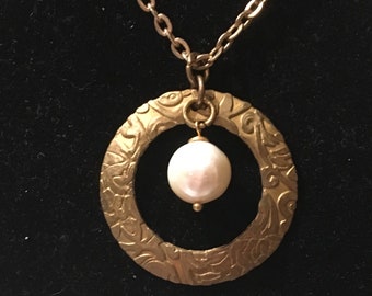 Long Etched Artisan Made Art Nouveau Style Brass Disk and Large Freshwater Pearl Pendant Necklace