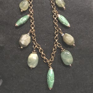 Vintage Style Asian Green Labradorite and Aquamarine Stone Bronze Necklace