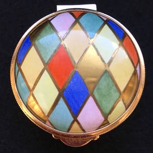 English Staffordshire Multi- Colored Harlequin Design Enamel Trinket Box