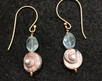 Aquamarine and Vintage Shell Bead Gold Vermeil Pierced Earrings