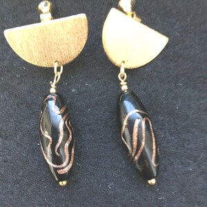 Black and Gold Swirl Art Deco Clip on Dangle  Earrings