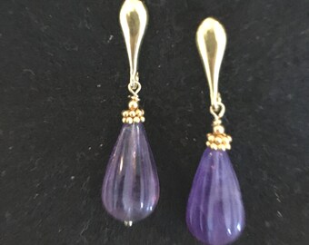 Violet Vintage Rock Crystal and Gold Pierced Earrings