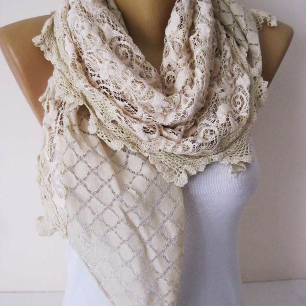 Elegant Scarf - Beige scarf-Cowl with Lace Edge -Fashion accessories-christmas gift for her-scarves