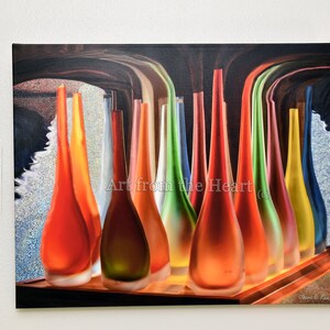 May include: A painting of a group of colorful glass vases arranged on a wooden shelf. The vases are tall and slender, with a variety of shapes and colors. The painting is titled "Through the Looking Glass" and is signed by the artist, "David L. Russell".