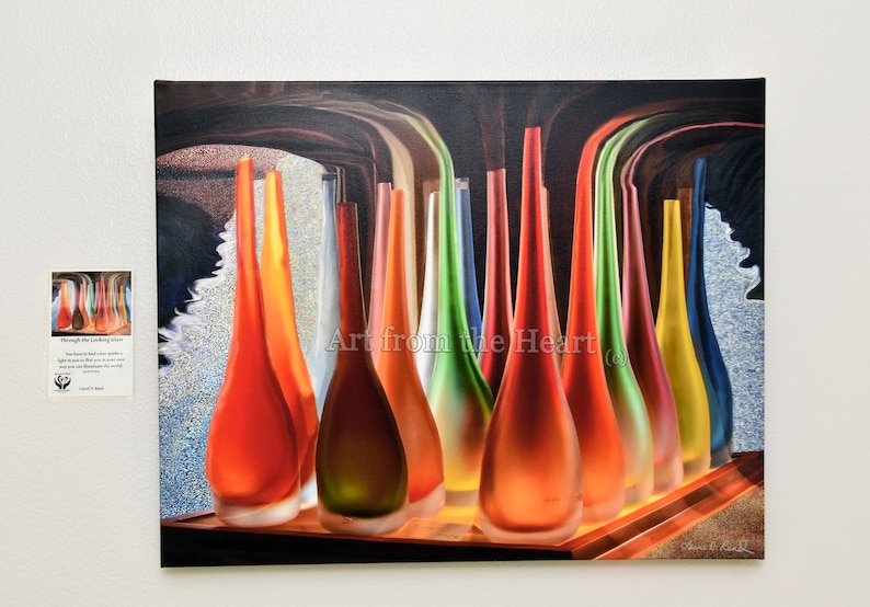 May include: A painting of a group of colorful glass vases arranged on a wooden shelf. The vases are tall and slender, with a variety of shapes and colors. The painting is titled "Through the Looking Glass" and is signed by the artist, "David L. Russell".