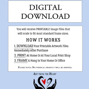 Peut inclure: An annonce pour une impression d'art num&eacute;rique &agrave; t&eacute;l&eacute;charger. Le texte indique "This item is for a DIGITAL DOWNLOAD." Des instructions sont fournies pour le t&eacute;l&eacute;chargement, l'impression et l'encadrement. L'&oelig;uvre est de "Art From The Heart" par "Essence of Laurel."