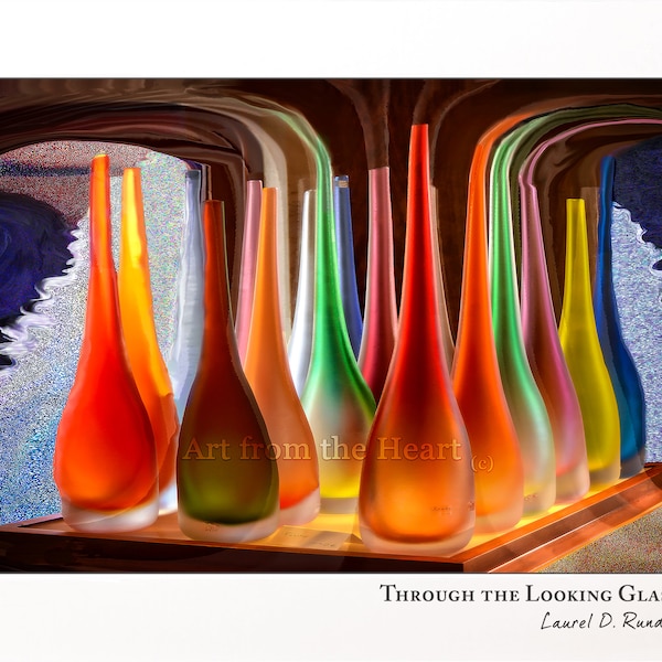 THROUGH LOOKING GLASS, Abstract art, colorful wine bottles, wine decanters, surreal glass, art lovers gift, housewarming gift