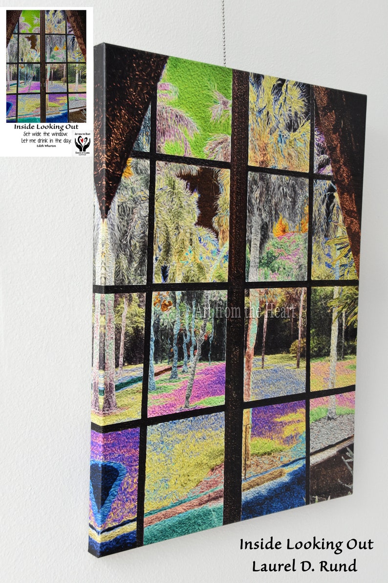 May include: A colorful abstract painting of a window looking out onto a grove of trees. The window is divided into nine panes, and the trees are painted in shades of green, yellow, and blue. The painting is titled "Inside Looking Out" and is signed by Laurel D. Rund.