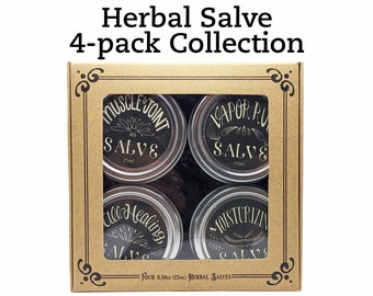Herbal Salve 4-Pack Collection - Muscle Joint Pain Relief, Healing for bites/cuts, Vapor for cough/sinus congestion, Moisture for Dry Skin