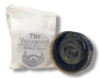 Sapone da barba Vagabond. Fatto a mano, completamente naturale. Idrata e deterge barba e viso. Oli essenziali di patchouli, arancia e chiodi di garofano.