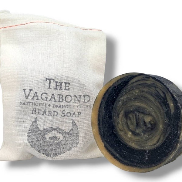 The Vagabond Beard Soap. Handmade, all natural. Conditions and cleans both beard and face. Patchouli, Orange, and Clove essential oils