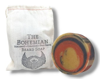 The Bohemian Beard Soap. Handmade, all natural. Conditions and cleans beard and face. Black pepper, Palo Santo, Geranium, Bergamot essential