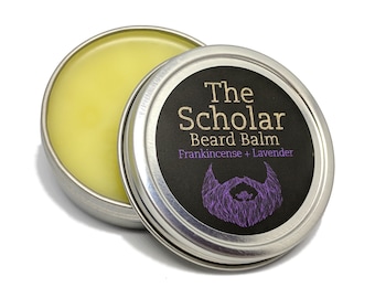 The Scholar Beard Balm - Frankincense + Lavender. All natural & handmade. Conditions, hydrates, shapes. Reduces dandruff.